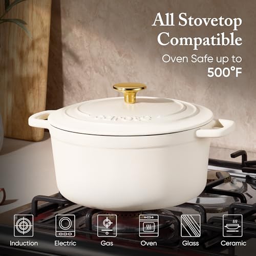 CAROTE 7QT Enameled Cast Iron Dutch Oven Pot with Lid, Heavy-Duty Dutch Ovens for Sourdough Bread Baking, Braising, Stews, Roasting, Healthy & Non-Toxic, Dual Handles, All Stovetop Compatible, Oven Safe up to 500° F, Cream White - Thumbnail 3