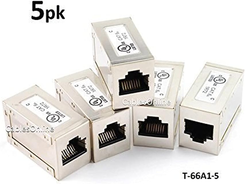 CablesOnline 5-Pack CAT.6A Gigabit Modular Inline Coupler Female to Female, FTP, Shielded Silver (T-66A1-5)