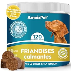 AmeizPet Friandises Apaisantes pour Chiens, Soulagement De L&rsquo;anxiété pour Chiens – Gâteries Apaisantes Chien Contre L&rsquo;anxiété, Les Aboiements, L&rsquo;agression, Les Feux d&rsquo;artifice, 120 Friandises