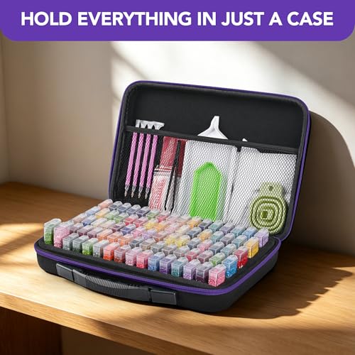 Image of MERATIA Diamond Painting Storage Case Organizer, 80 Slots with Accessories | Purple hard-shell case with 80 clear containers, fitted foam insert, mesh pocket and diamond art tools.