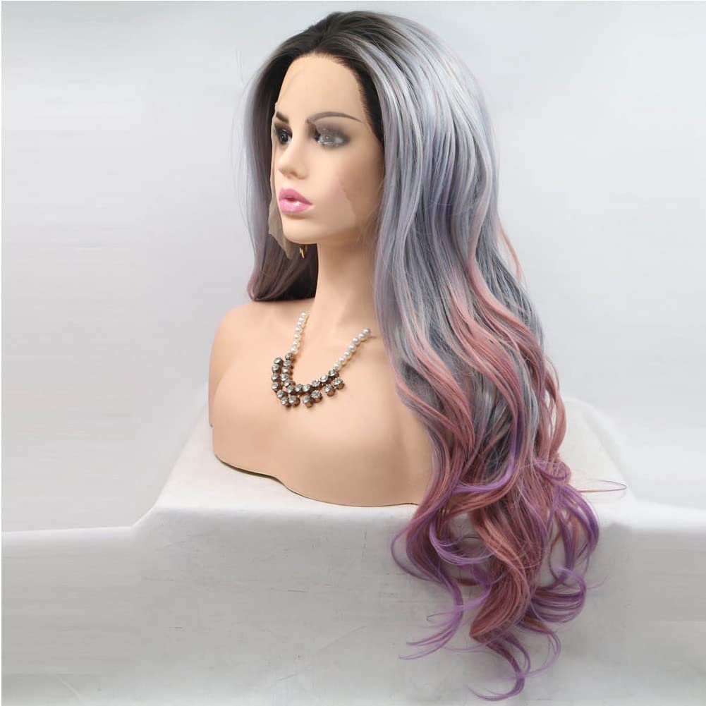 Kalisa Rainbow Lace Front Wig Long Wavy Gray Pink Purple with Black Root Meraid Wig Synthetic Multi Color Glueless Wigs Heat Resistant Fibre Wigs for Women Daily Wear 24 Inch