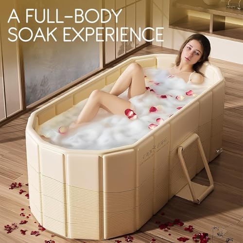 Image of Adult Foldable Bathtub for Adults, Extra-Large Collapsible Soaking Tub with Temp Meter, Drain Pipe & Cushion, Portable Hot Cold Water Bath Tub for Home Spa (Beige)
