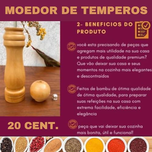 2 Trituradores De Madeira 20 CM MOEDOR DE PIMENTA E SAL GRANDE Com Lâmina De Cerâmica Top COZINHA CH