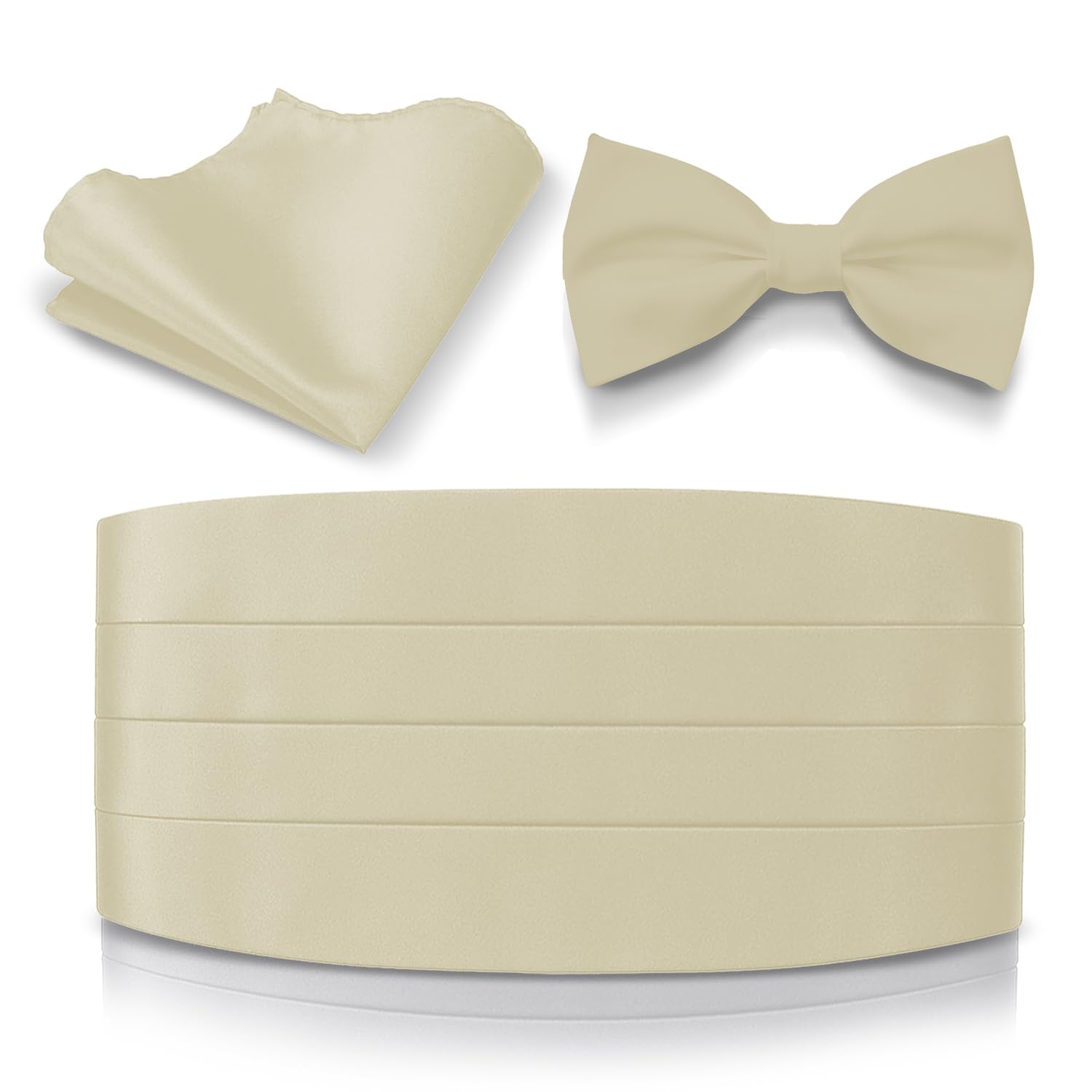 Platinum Hanger Men's Ivory Satin Cummerbund Bowtie Hanky Set, 4 Pleat, Large Variety Of Solid Colors Available (Ivory)