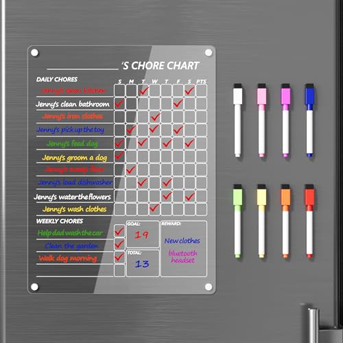 Neatsure Acrylic Magnetic Chore Chart for Fridge, Clear Dry Erase Chores Chart for Refrigerator, Responsibility Reward Planning Board for Teens Family, w/ 8 Colors Markers, 12