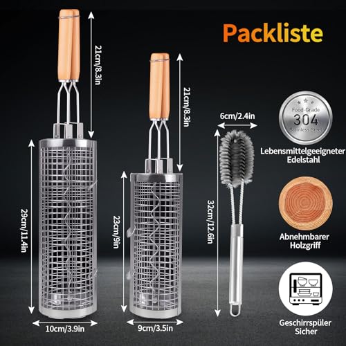 Leerweii 2 Stück Grillkorb Edelstahl mit Doppelten Holzgriffen, Seitlich zu öffnendes Design Rollengrillkorb mit Reinigungsbürste Grillzubehör für Außengrill für Gemüse Fleisch, Geschenke für Männer