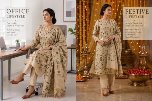 Image of HAIDER ALI Handloom Cotton Silk Screen Print Unstitched Suit Set for Women with Dupatta | Salwar Suit Dress Material for Women & Girls 01