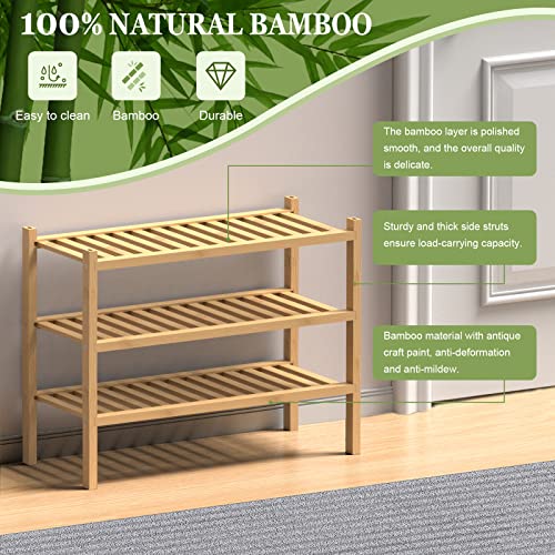 (Thick Bamboo Shoe Rack for Entryway, 3-Tier Free Standing Shoe Racks Stackable Shoe Rack Organizer for Hallway Closet Living Room 27 x12 x21 Inches