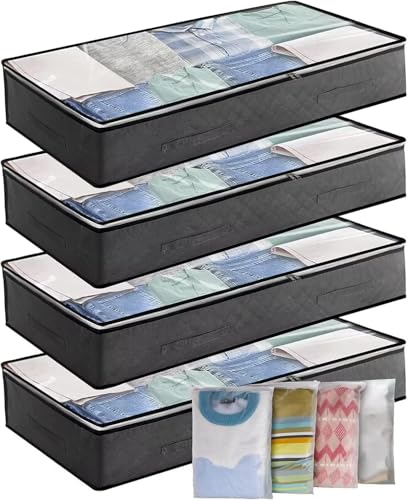 SKY-TOUCH 4PACK Underbed Storage Box with Zip lock Bags - Under bed Storage Box with PVC Window for Clothes Duvets Comforters Blankets Bedding Quilts - 100x50x18cm Grey 90L