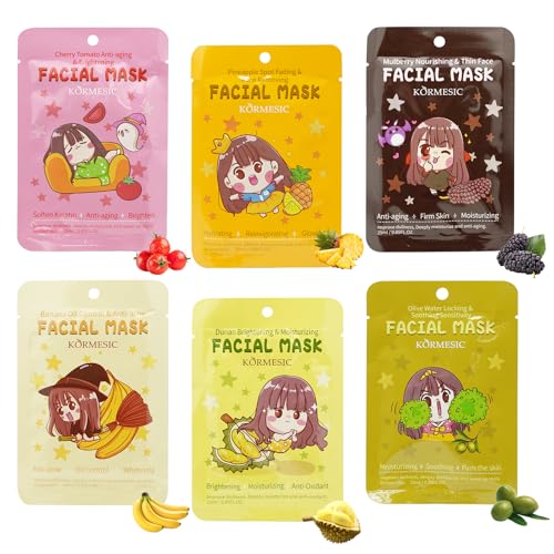 6 Pezzi Maschera Viso Idratante con Tema della frutta, Set Maschera Idratante Viso, Regalo Ragazza o Donna, Adatto a Tutti i Tipi di Pelle
