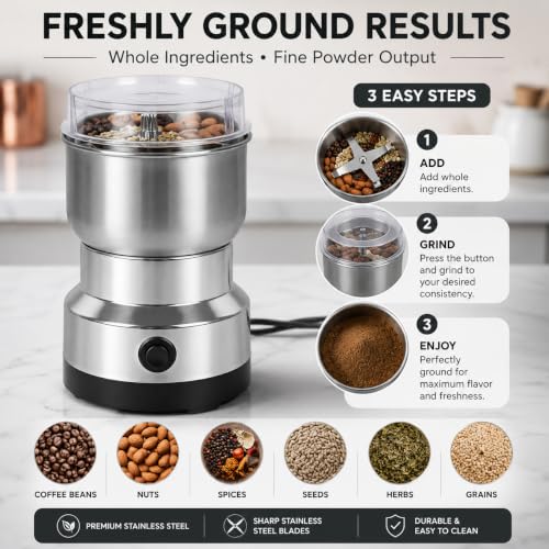 Image of Drumstone Mini Mixer Grinder for Spices, Coffee Beans, Chutney & Baby Food, Stainless Steel Grinding Jar with Sharp Blades, Compact Electric Dry Grinder for Home Kitchen Use, Silver