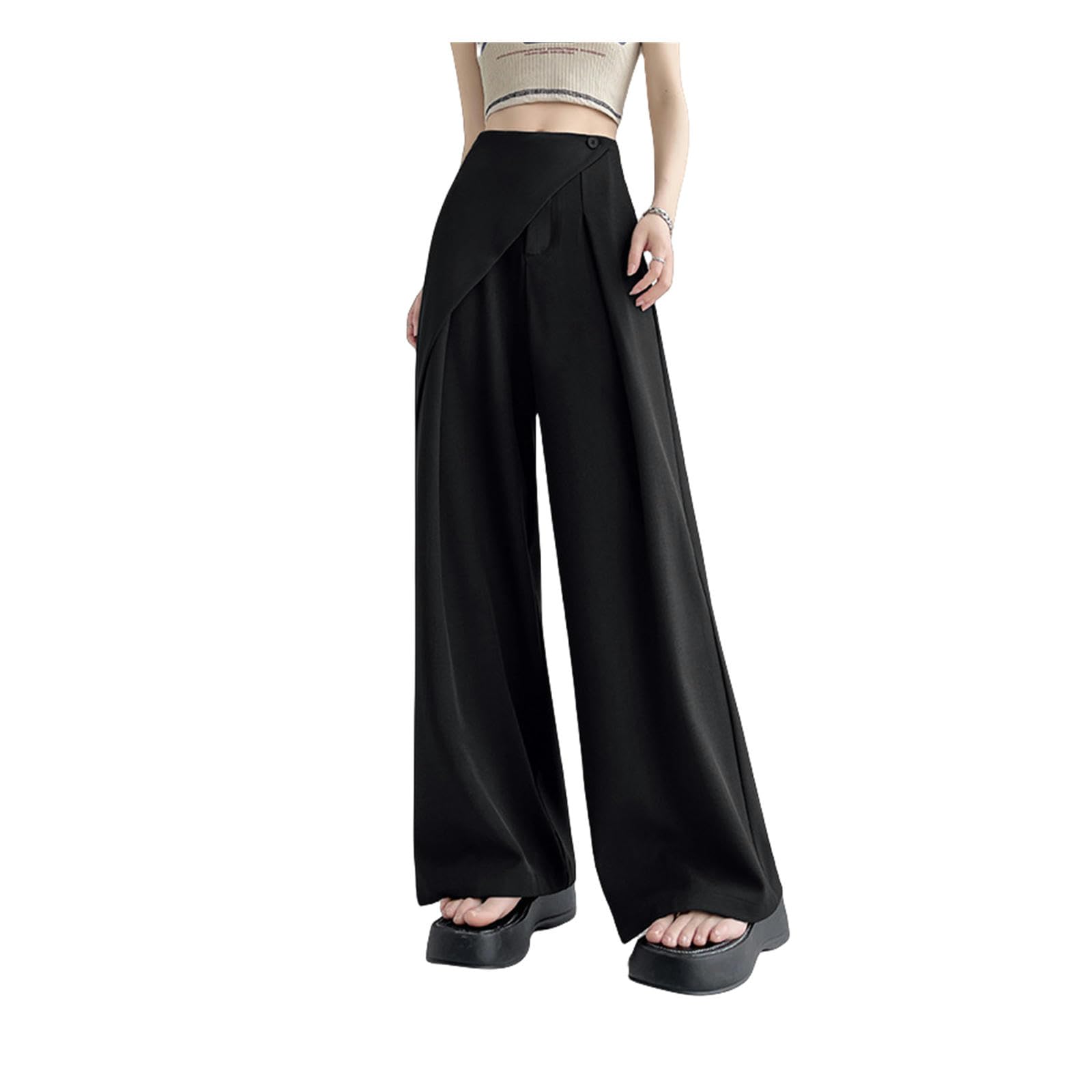 Pantalone Donna Pantaloni A Gamba A Gamba A Due Pezzi per Donne Temperamento di Design Ad Alta Vita Dritta Cimante Pantaloni-convenzione Nera-2xl