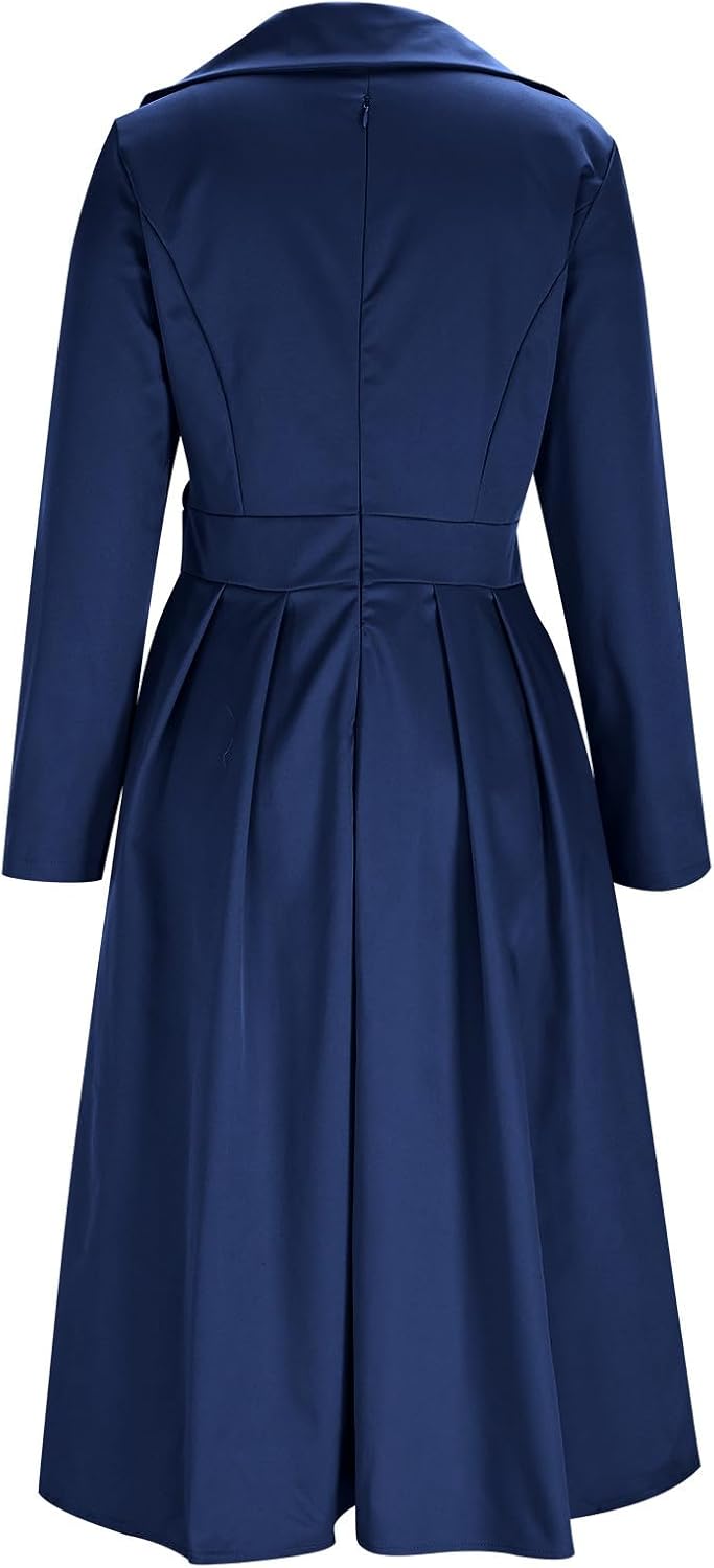 Tea Dresses for Women's Elegant Wrap V Neck Long Sleeve Swing A Line Wedding Evening Party Midi Dress with Pockets