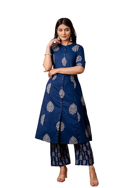 MF Hayat Women Pure Cotton Printed Long Front Slit Kurta and Pant Set Co-Ords Set for Women