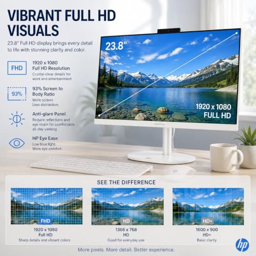 Image of HP OmniStudio 23.8 inch FHD All-in-One Desktop Computer | Intel N150 Processor | 16GB RAM 128GB UFS Storage | Wi-Fi 6, 1080p Webcam | Wired Keyboard & Mouse | Windows 11 | Cashmere White