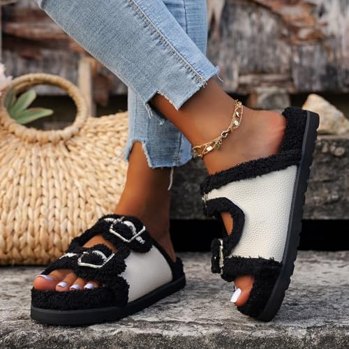 Plush Slippers Thick Sole Open Toe for Women Metal Buckle Fuzzy Slippers Fashion Cozy Fluffy Indoor Home Slipper3