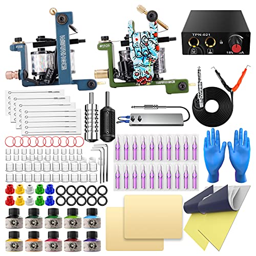 Tattoo Kit for Beginner Complete Tattoo Machine Kit with 2 Tattoo Machines, 10 Tattoo Inks, Tattoo Power Supply, Starter Tattoo Gun Kit Tattoo Beginner Kit TK099