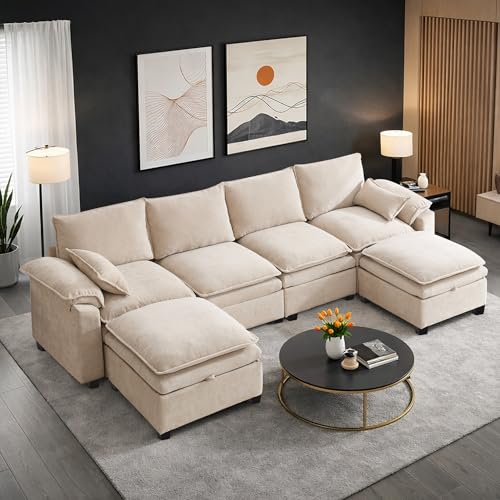 108" Sectional Couches for Living Room, U Shaped Cloud Couch Sectional with Ottoman Storage, Modular Sectional Sofa with Pillow, Deep Seater Sofa for Living Room (Beige, 4 Seater with 2 Ottoman)