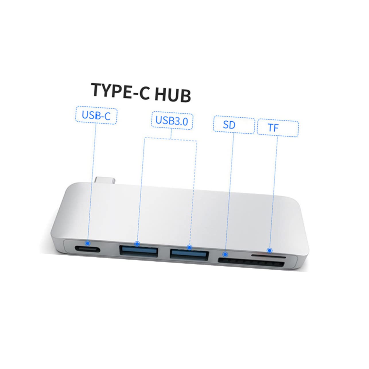 Hub Type-c USB 3.0 5 in 1 in Lega di Alluminio Argento | Plug And Play, Lettore Schede Microsd e Sd, Adattatore Compatto per Ricarica e Dati