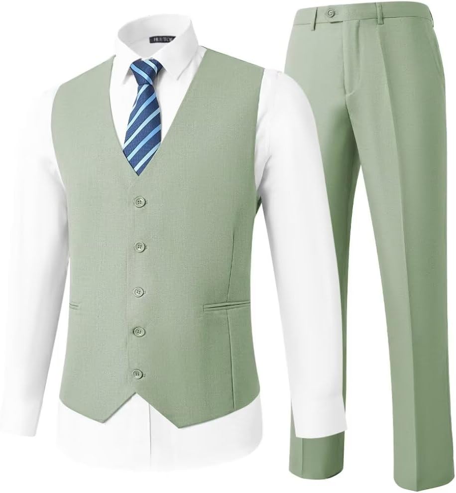 HUUTOE Mens Vest and Pants Suit 2 Piece Slim Fit Suits for Wedding Grooms Dress Waistcoat+Pants Casual Prom Tuxedo Set