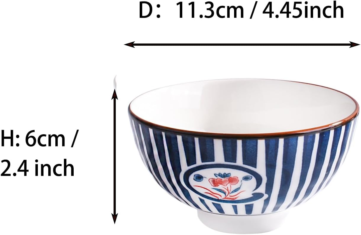 Ceramic Rice Bowl Set of 4, 4.45'' Blue‑White Stripe Floral Serving Bowls