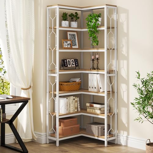 Image of Tribesigns Corner Shelf, 7-Tier Industrial Corner Bookshelf, Wood and Metal Corner Etagere Bookcase, Freestanding Display Shelf for Living Room, Kitchen, Home Office, White and Walnut