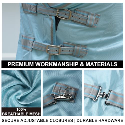 Image of Summer Horse Fly Sheet with Detachable Neck & Belly Wrap, Breathable Fine Mesh Sweet Itch Protection for Stable & Pasture Turnout, Biting Defense & All-Day Comfort Shield Cyanblue 75 inch