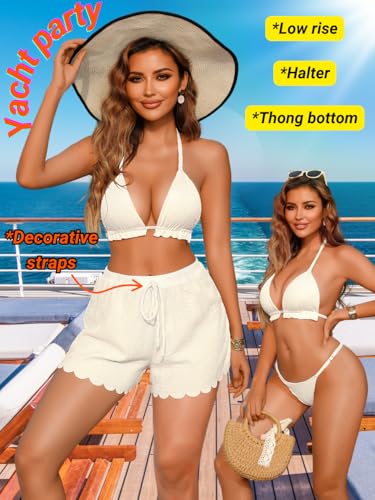 Sexy 3 Piece Swimsuits for Women, Textured Triangle Bikini Set Vacation, High Waisted Bathing Suit Cover Up Shorts4