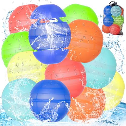 YOSTAR 12pcs Quick Fill Water Balls, Reusable Water Balloons For Kids, Self Sealing Refillable Water Bombs, Silicone Pool Toys for Summer Party, Outdoor Garden Toys with Mesh Bag for Beach Adults