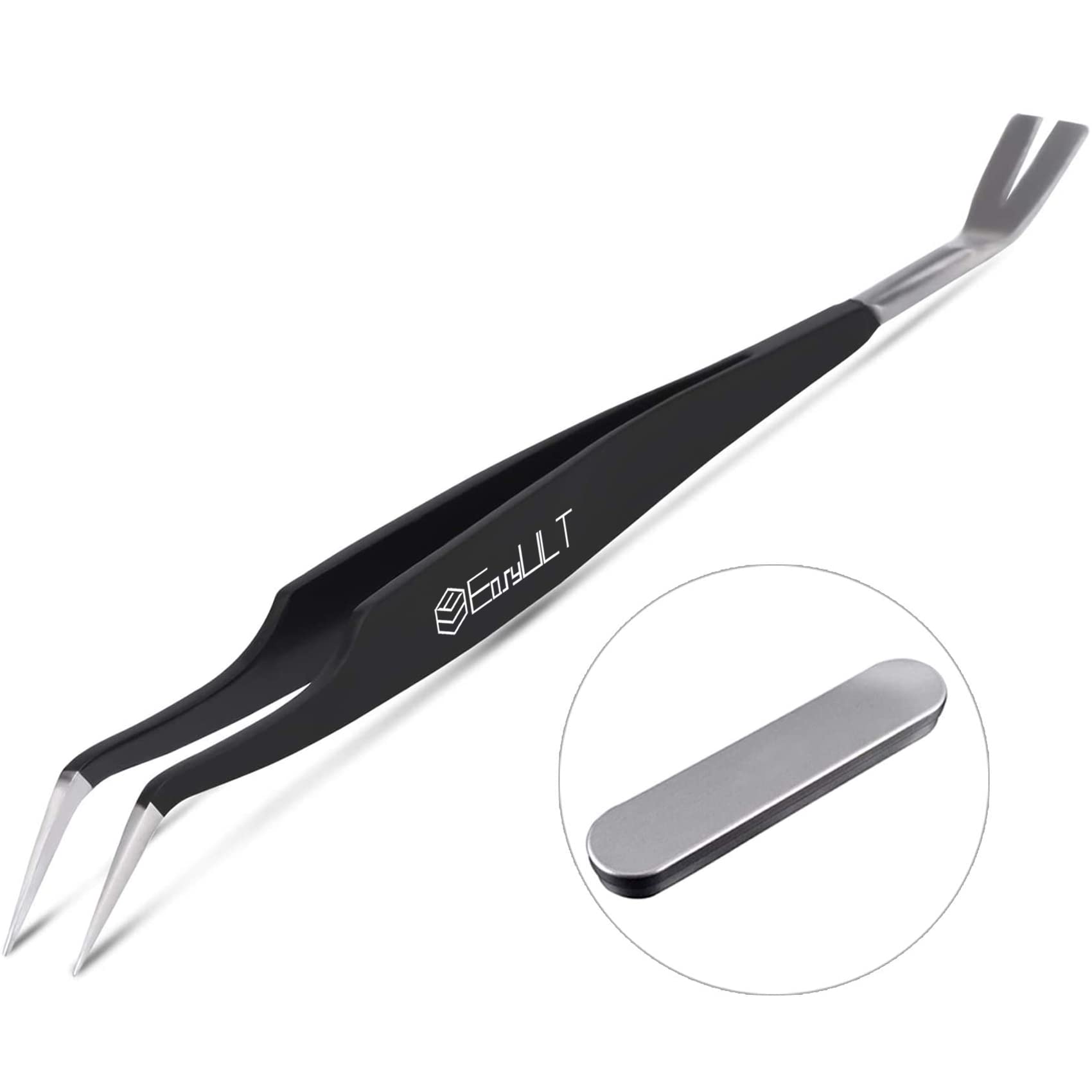 EasyULT Garrapatas Herramienta, Pinzas para Garrapatas Inoxidable con Punta Curvada, con Mango Extra Largo, para Humanos, Perros, Gatos y Animales-Negro