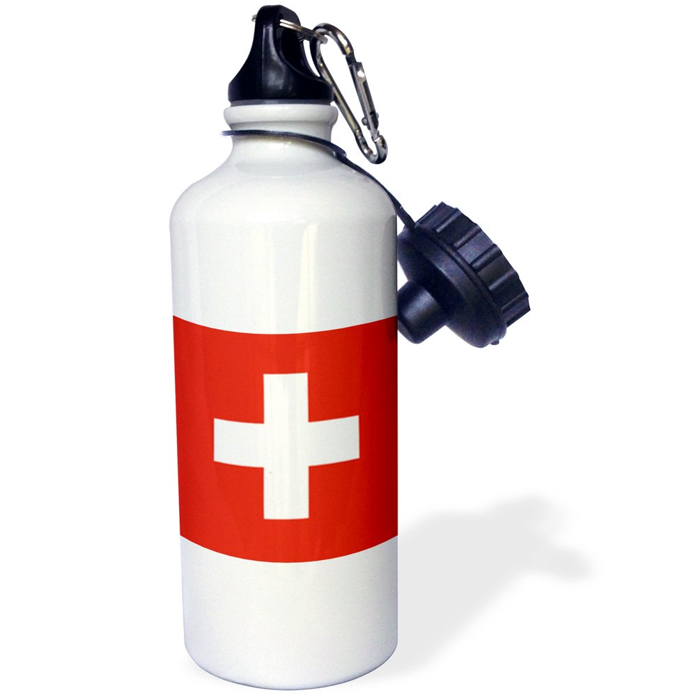 3dRose"Flag of Switzerland-Swiss red and white cross-Europe-European country-world travel souvenir" Sports Water Bottle, 21 oz, White