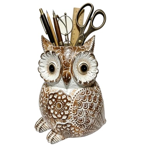 JIUMO Owl Pen Pencil Holder for Desk,Owl Container Carving Owl Brush Pot Holder, Owl Gifts for Women Men, Owl Figurines Desk Accessories, Office Gift for Teacher Him Her, Retro Animal Home Decor
