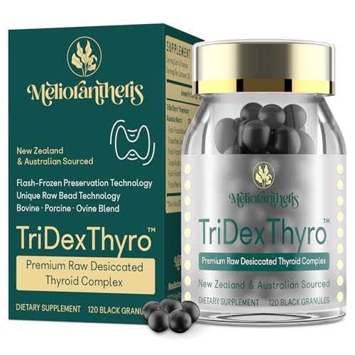 Thyroid Supplement – TriDexThyro™ Raw Desiccated Thyroid Complex 375 mg with Bovine, Porcine & Ovine –120 Capsules for Women and Men(1 Pack)