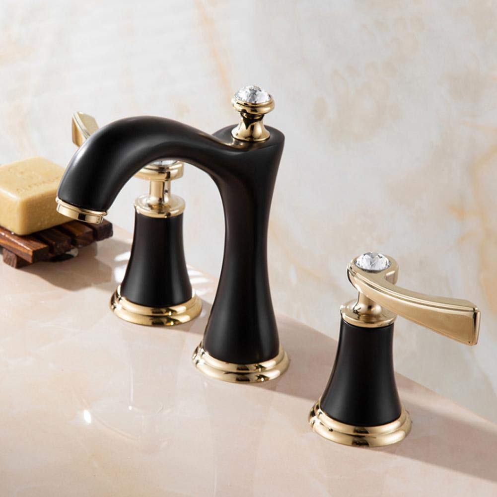 Wasserhahn Vollkupfer Becken Wasserhahn Drei-Loch-Badezimmerschrank Split Wasserhahn heiß und kalt Drei Löcher Titan Wasserhahn(Schwarzes Gold)