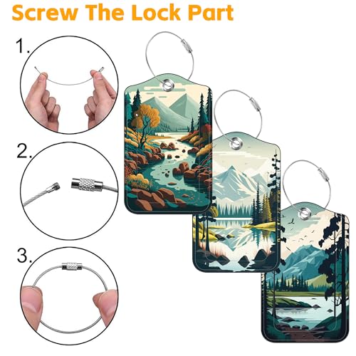 3 Pack Luggage Tag for Suitcase Mountain Lake Scenery Leather Travel Cruise Luggage Tag with Stainless Steel Loop Name ID Label Privacy Cover for Adults Teens Travel Bag Labels Set4