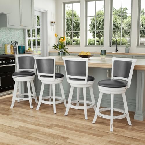 Butacos Giratorios de Barra, Juego de 2 Unidades, Altura de Encimera 24", Asiento Tapizado en Cuero Sintético con Espaldar y Reposapiés, Patas de Madera Maciza, para Cocina, Comedor y Pub, Color Blanco Antiguo miniatura 3