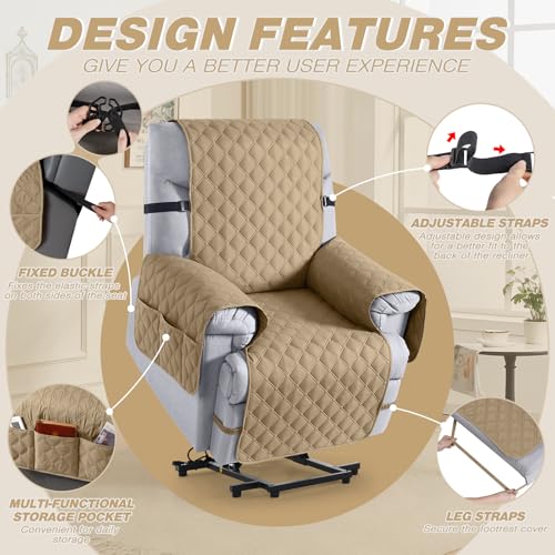 Image of TAOCOCO 100% Waterproof Recliner Covers, Recliner Sofa Covers with Leg Straps, Reversible Recliner Couch Cover for Reclining Chair, Washable Couch Protector for Pets Kids(1 Seater 28 inch, Camel)