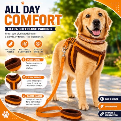 Image of Dog Fur Harness, Collar & Leash Combo Set, Adjustable Size | for 24-35 Kilogram Dogs (L, Orange-Brown)