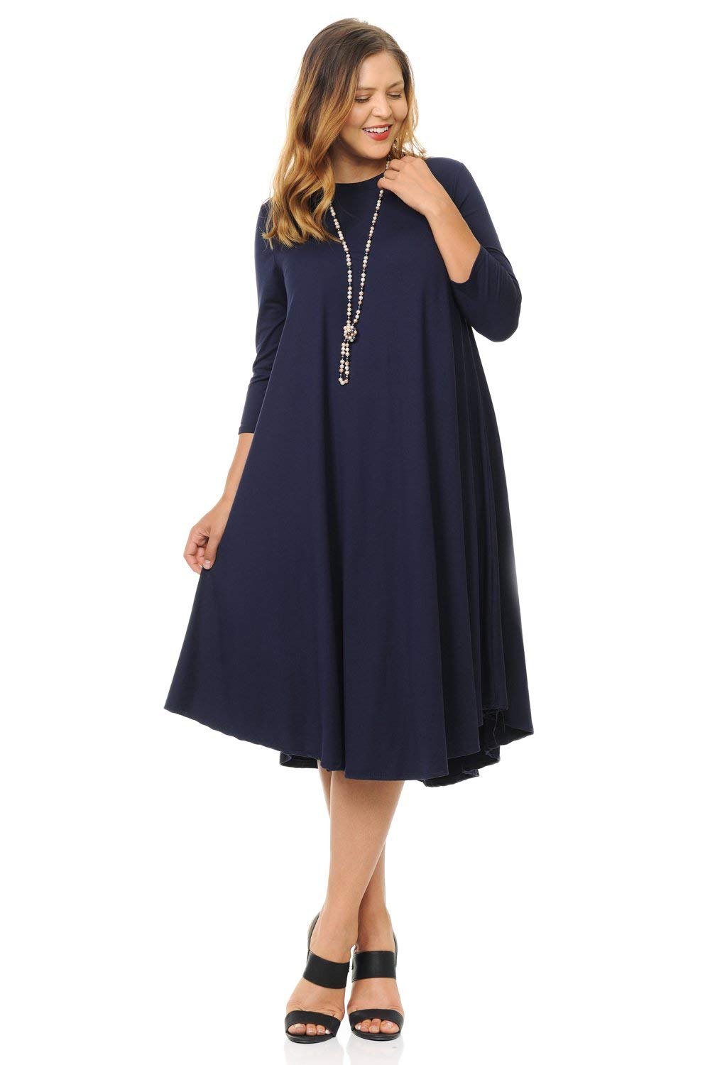 Pastel by VivienneWomen's Plus Size Swing Dress – 3/4 Sleeve Elegant Flowy A-Line Midi – Soft & Comfortable