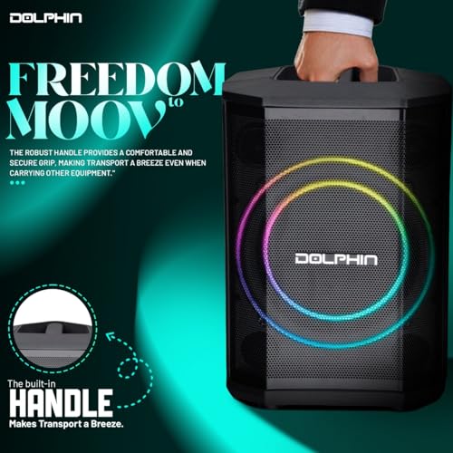 Dolphin Rechargeable Portable Bluetooth Party Speakers, 3D LED Ring Light, TWS, Wireless Microphone, and Multiple Playback Options, Easy-to-Carry, On-The-go, PA System, Karaoke-Ready