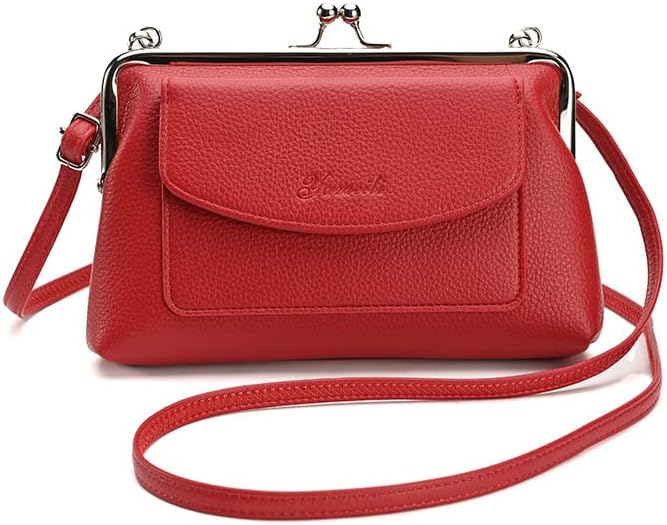 Genuine Leather Small Shoulder Bag for Women Kiss Lock Fashion Phone Purse (Red)
