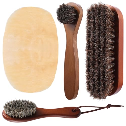 BieMian 4 Pcs Horsehair Shoe Brush Set, Soft Bristles Shoe Shine Kit, Shoe Cleaning Brushes Polish Brushes for Boots Car Sofas Leather Cleaning Buffing Dauber Applicators, Inclu Polishing Glove