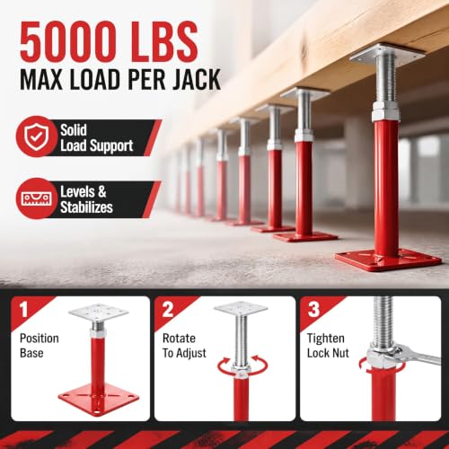 Image of 12 Pack House Floor Jacks 5-8 inch Adjustable House Leveling Jacks Heavy Duty Red Screw Jack Post, Load Capacity 5000lbs, Support Tool for Floors, Beams, Stairs, and Foundations