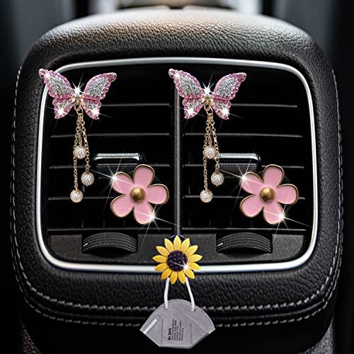 Image of Daisy & Butterfly Pandent 4 Pcs Bling Car Air Fresheners, Vents Clips with Diamond Decor & Sunflower Mask Hook