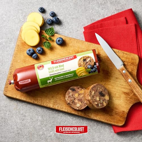 Fleischeslust Hundewurst | Wild & Rind mit Kartoffel & Heidelbeere | Futterbox (8x400g) | Nassfutter | schnittfest | getreidefrei | Alleinfuttermittel für ausgewachsene Hunde