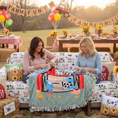 Image of Chumia 2 Pcs /1 Set Farm Animal DIY Tie Throw Blankets Farm Party Fleece No Sew Blanket Craft Kit 57 x 57 Inch Make Your Own Farmhouse Animals Blanket Farmhouse Animals Party Gifts for Bed Couch