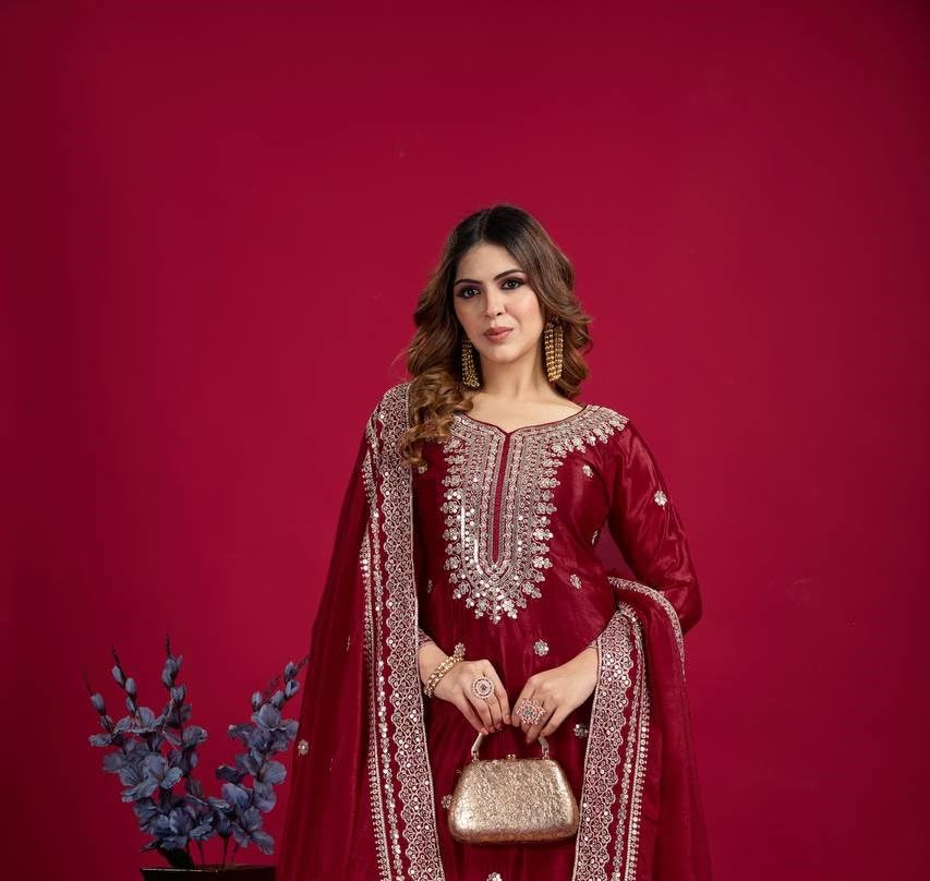 Image of Women's Heavy Embroiderd Work Purple Color Weding Wear Straight Kurta Sharara Set for Women with Dupatta
