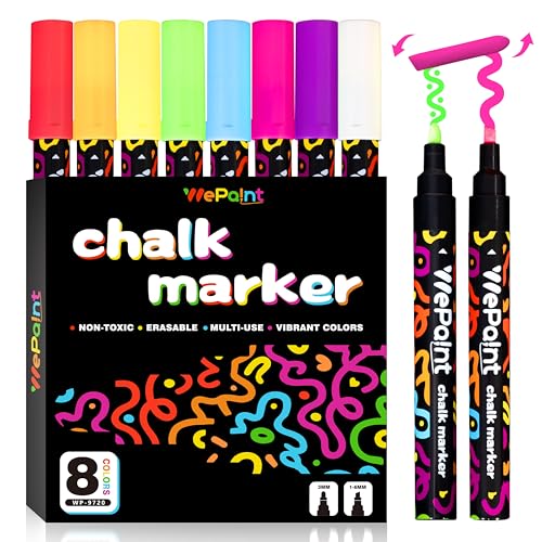 WePaint 8 Colors Liquid Erasable Chalk Markers, Washable Dry Erase Marker Pens, Reversible Bullet & Chisel Tip, Chalkboard Markers for Blackboard, Glass, Window, Cafe Menus, Calendar & Car Paint
