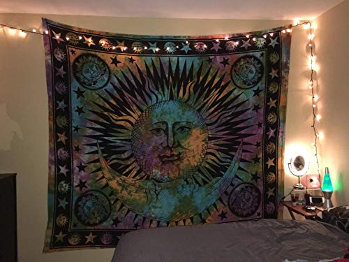 Hippie Mandala Sun And Moon Maditation Tapestry Wall Hanging - Psychedelic Celestial Indian Gypsy Hippy Bohemian Popular Mystic Tie Dye Beach Blanket Multi #TOP3