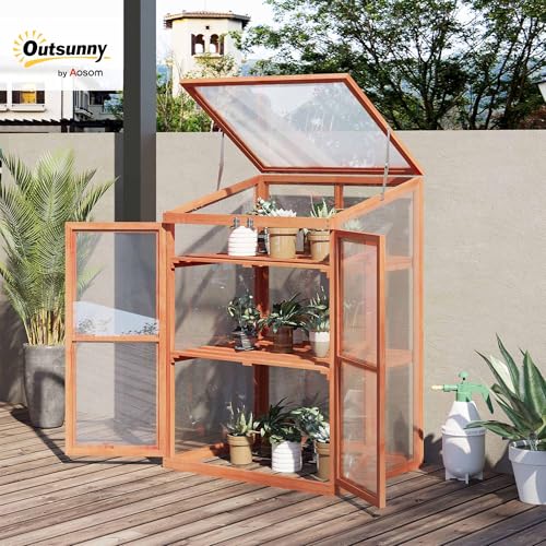 image for Outsunny Wooden Cold Frame Greenhouse with Adjustable Shelves, Mini Gr